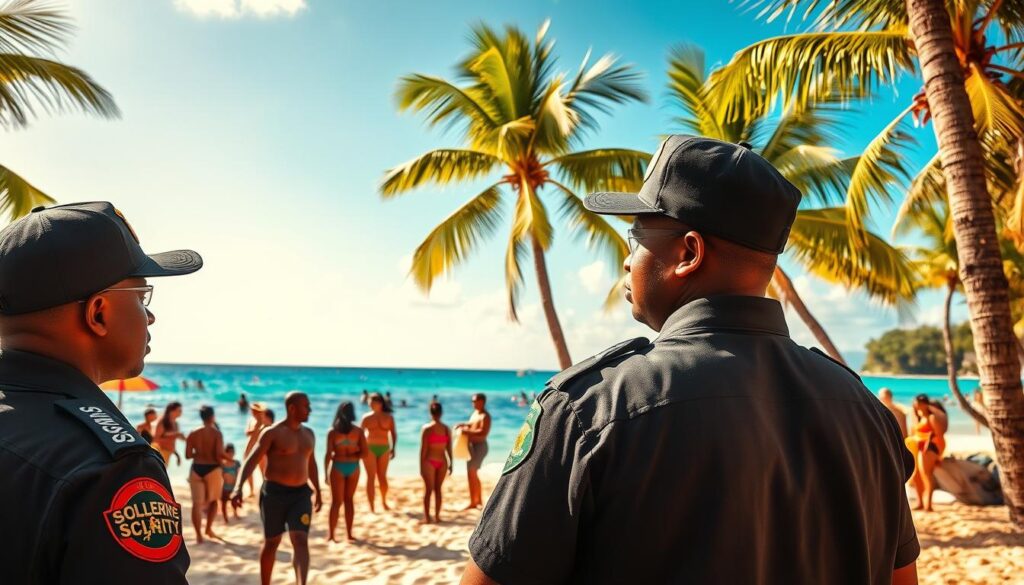 A vibrant scene depicting safety in Montego Bay, Jamaica. In the foreground, a team of security personnel dressed in professional uniforms, attentively monitoring an event set on a picturesque beach. In the middle ground, families enjoying themselves, engaging in activities like swimming and playing beach sports, all showing relaxed yet vigilant body language. The background features palm trees swaying gently, with the clear blue Caribbean sea and a bright sky painted with warm sunlight. The image captures a sense of tranquility and safety, conveying a positive atmosphere, emphasizing the beauty of the Jamaican landscape. Use warm, natural lighting to enhance the lively colors, with a slightly elevated angle that conveys a comprehensive view of the scene.