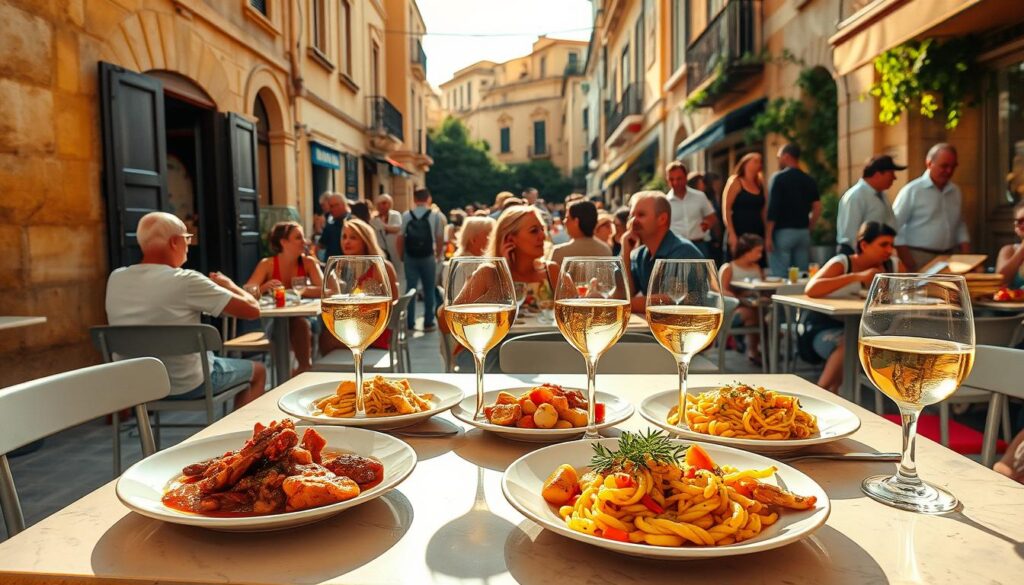 A vibrant street scene in Malta, showcasing a bustling outdoor restaurant with colorful table settings, Mediterranean cuisine beautifully presented on plates, and patrons enjoying their meals. In the foreground, a table with traditional Maltese dishes like rabbit stew and seafood pasta, along with glasses of local wine catching the warm sunlight. In the middle ground, diverse groups of people - tourists and locals dressed in casual summer clothing, engaged in conversation and laughter. In the background, charming Maltese architecture with yellow stone buildings and greenery. The setting is illuminated by golden hour lighting, creating a warm, inviting atmosphere. Capture this lively dining experience with a wide-angle lens perspective, emphasizing the conviviality and cultural richness of Malta's culinary scene.