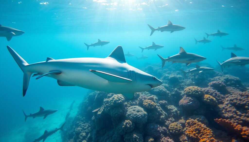 A vibrant underwater scene in Tunisia showcasing various species of sharks in their natural habitat. In the foreground, a sleek blue shark glides gracefully, its distinctive coloring shimmering under the sunlight filtering through the waves. Surrounding it are glimpses of other shark species, such as hammerheads and nurse sharks, depicted with detailed textures on their skin. The middle layer features a coral reef teeming with marine life, painted in bright colors and intricate details, enhancing the underwater richness. The background reveals the tranquil blue of the Mediterranean Sea, with soft light creating a serene atmosphere. The scene is captured with a wide-angle lens, emphasizing the vastness of the ocean and the majesty of the sharks, evoking a sense of wonder and respect for these creatures.