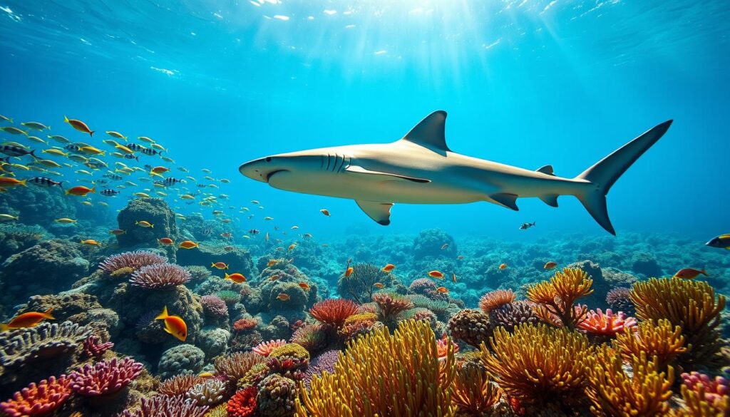 A vibrant underwater scene showcasing the pivotal role of sharks in the Mediterranean ecosystem. In the foreground, a majestic shark gracefully glides through crystal-clear waters, surrounded by schools of colorful fish that illustrate the biodiversity. In the middle ground, vividly colored corals and sea plants provide a lush habitat, teeming with life. In the background, sunlight filters down through the waves, creating a serene yet dynamic atmosphere rich in blues and greens. The lighting accentuates the shark's streamlined form, emphasizing its importance as both a predator and a keystone species in maintaining the health of the marine environment. Capture this ecosystem in a detailed, photorealistic style with a focus on natural beauty and ecological balance.