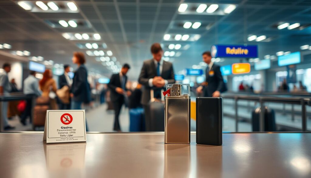 A visually striking image illustrating the restrictions on electric and gasoline lighters in an airport security setting. In the foreground, an electric lighter sits prominently on a polished airport security table, with a prohibited sign subtly placed beside it. The middle ground features a standard gasoline lighter, also positioned on the table, while security personnel in professional attire examine luggage in the background. The airport environment is bustling with blurred travelers, conveying a sense of movement and urgency. Soft overhead lighting creates a bright, sterile atmosphere, enhancing the scene's focus on safety regulations. The angle captures both lighters clearly, emphasizing their differences in design and indicating the scrutiny they face in an airport context.