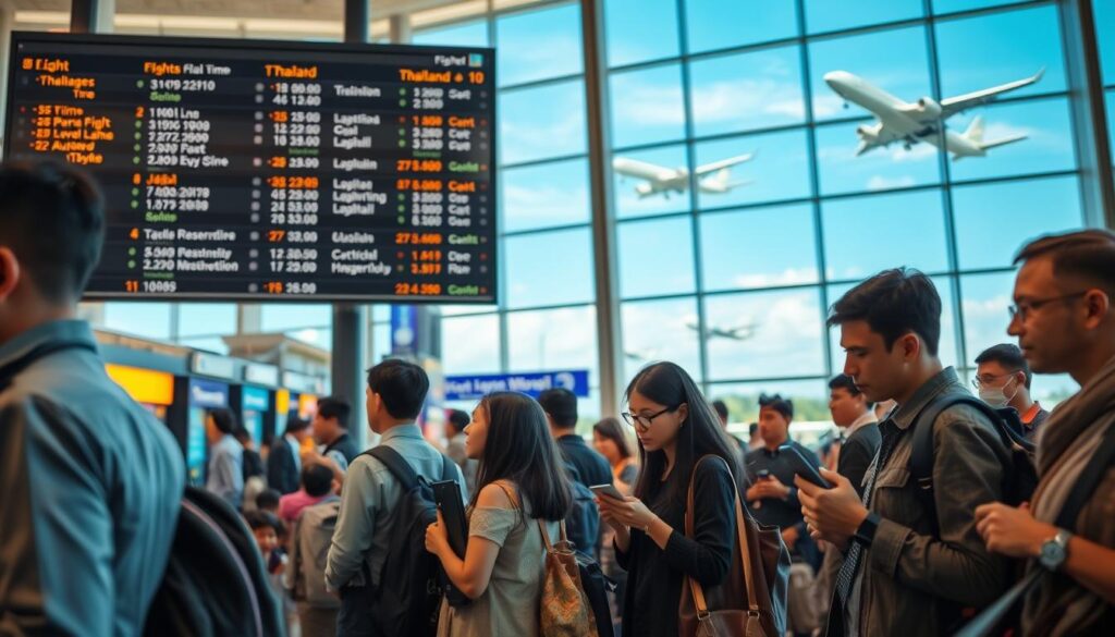 An airport scene depicting flight connections. In the foreground, a diverse group of travelers, dressed in professional business attire and modest casual clothing, consult their boarding passes, looking a mix of anxious and hopeful. In the middle ground, an electronic flight information board displaying various flight times and destinations, including Thailand, adds dynamism to the scene. The background highlights a busy terminal filled with vibrant shops and a large window showcasing airplanes taking off into a clear blue sky. Soft, warm lighting bathes the scene to create an inviting atmosphere, while the perspective is slightly elevated, capturing the hustle and bustle of travel. The overall mood conveys anticipation and the complexity of travel logistics.