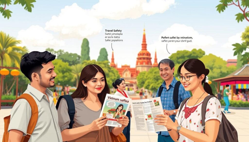 An informative and visually appealing illustration representing travel safety tips for Vietnam and Malaysia. In the foreground, display a diverse group of travelers—two men and two women—dressed in modest, casual clothing, examining a travel safety pamphlet. In the middle, include a park or bustling market scene indicative of Vietnam or Malaysia, with colorful local scenery and distinct architectural elements. In the background, show a friendly local guide pointing out important safety landmarks, like emergency services or safe transportation options. Use warm, natural lighting to create an inviting atmosphere, with a slightly elevated perspective to capture the interactions among the travelers and their surroundings. The mood should be engaging and educational, highlighting awareness and preparedness while traveling.