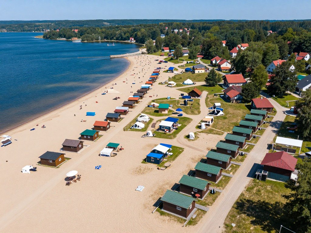 Infrastruktura turystyczna przy plaży jeziora Dłużek