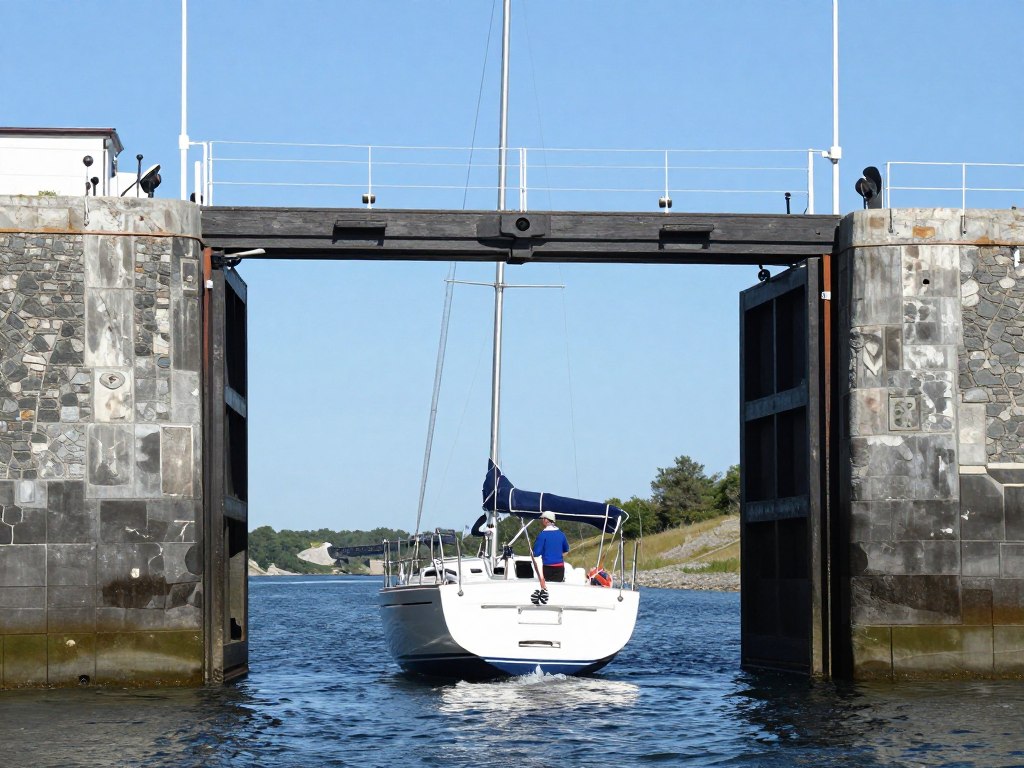 Jacht wpływający do komory Śluzy Karwik