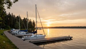 Kamera Ruciane Nida widok na jezioro Nidzkie z portu Pod Dębem o zachodzie słońca