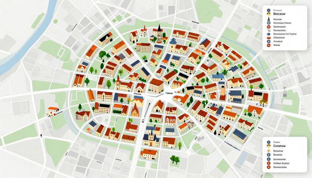 Mapa turystyczna centrum Pińczowa z zaznaczonymi atrakcjami