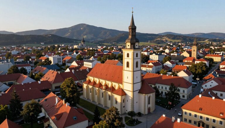 Panorama miasta Limanowa z Bazylika Matki Boskiej Bolesnej na pierwszym planie