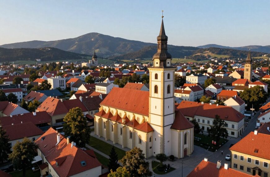 Panorama miasta Limanowa z Bazylika Matki Boskiej Bolesnej na pierwszym planie