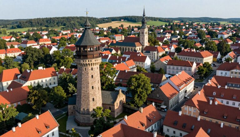Panorama miasta Olsztynek z widokiem na wieżę ciśnień i zabytkową zabudowę