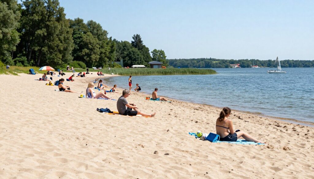 Plaża nad jeziorem Dłużek z czystym piaskiem i obszarami rekreacyjnymi