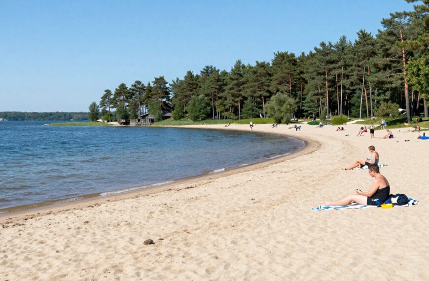 Plaża w Rzeczycach nad Jeziorem Dzierżno Duże z piaszczystym brzegiem
