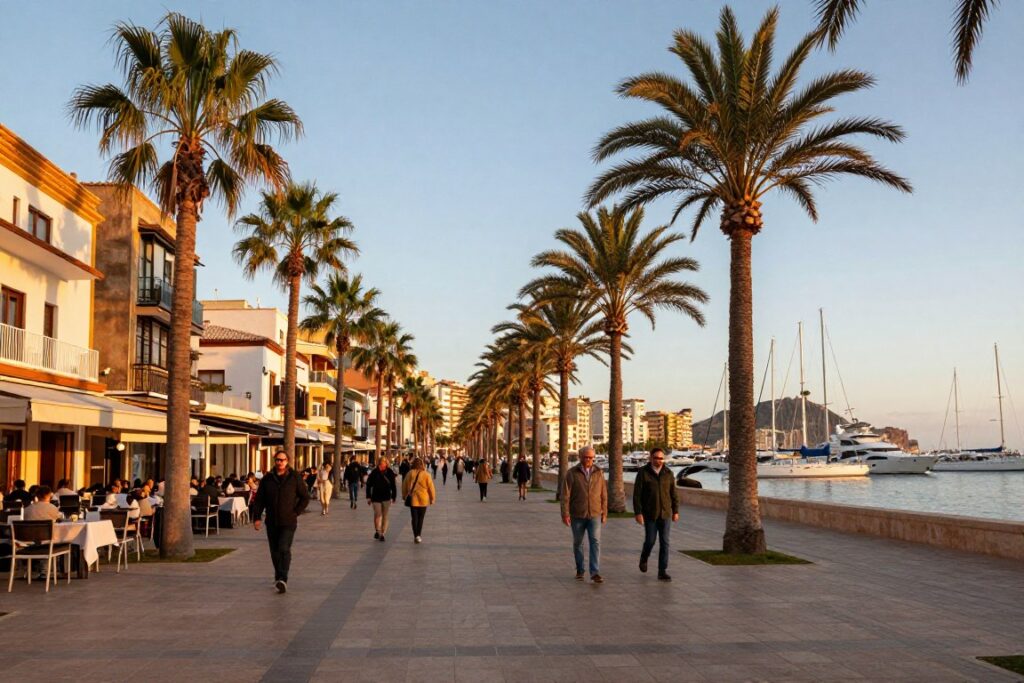 Promenada nadmorska w Torrevieji z palmami i spacerującymi ludźmi