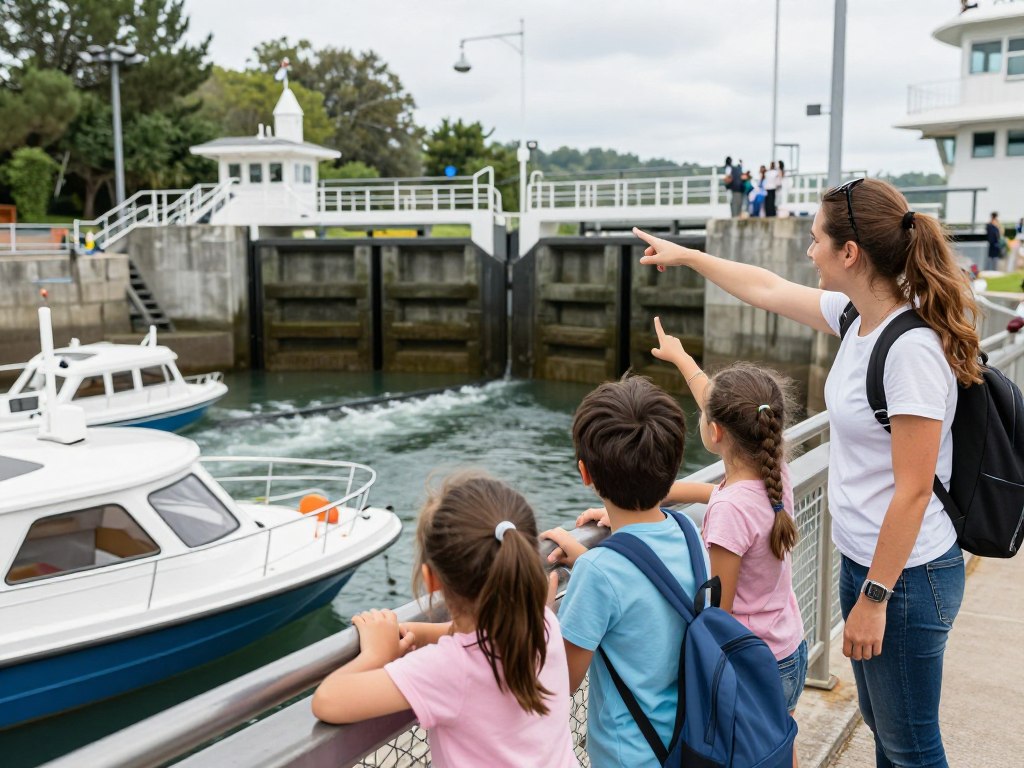 Rodzina z dziećmi przy Śluzie Karwik
