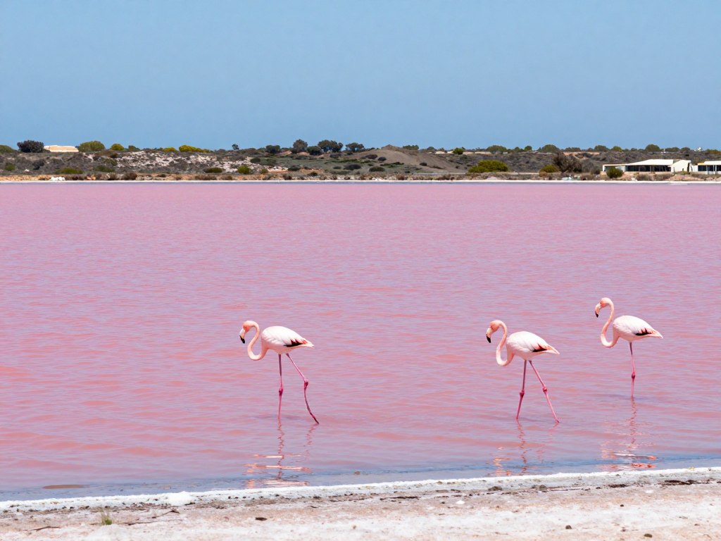 Różowe jezioro w Torrevieji z flamingami w tle