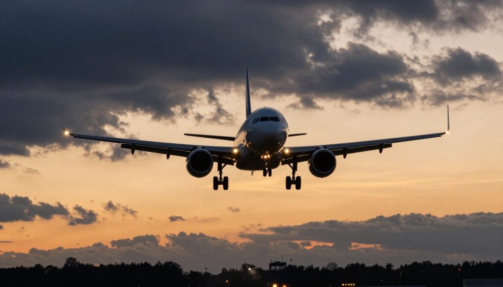 Samolot lądujący na lotnisku Pyrzowice zachód słońca