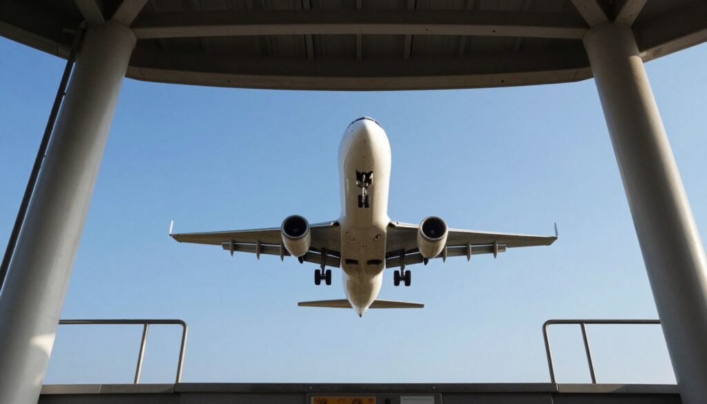 Samolot startujący obserwowany z platformy widokowej Pyrzowice