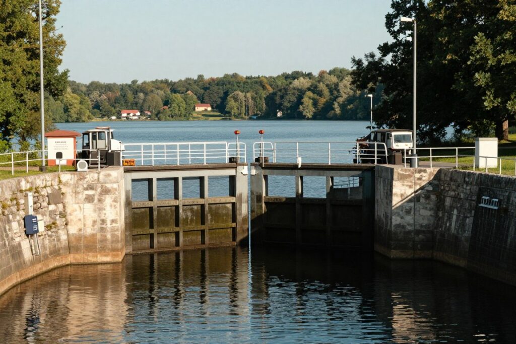 Wejście do Śluzy Karwik od strony jeziora Seksty