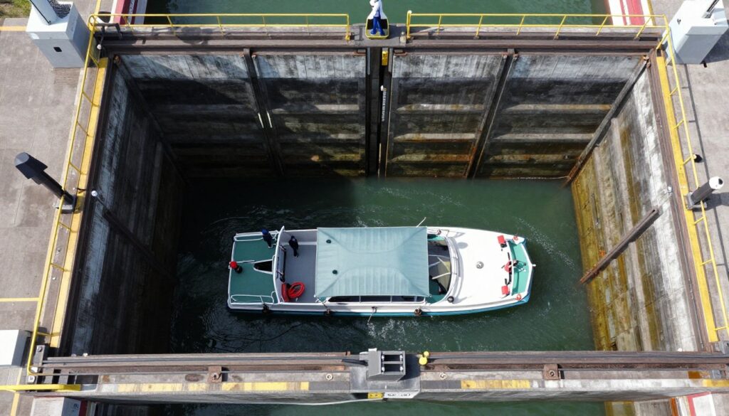 Widok z góry na komorę śluzy podczas śluzowania