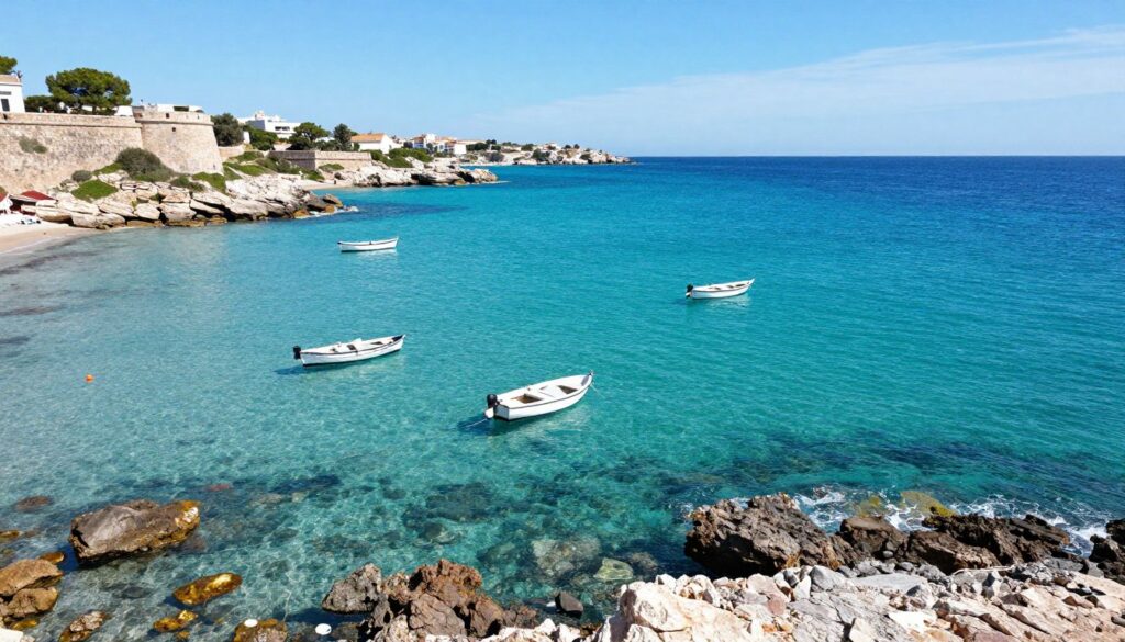 Wyspa Tabarca z przejrzystą turkusową wodą i łodziami