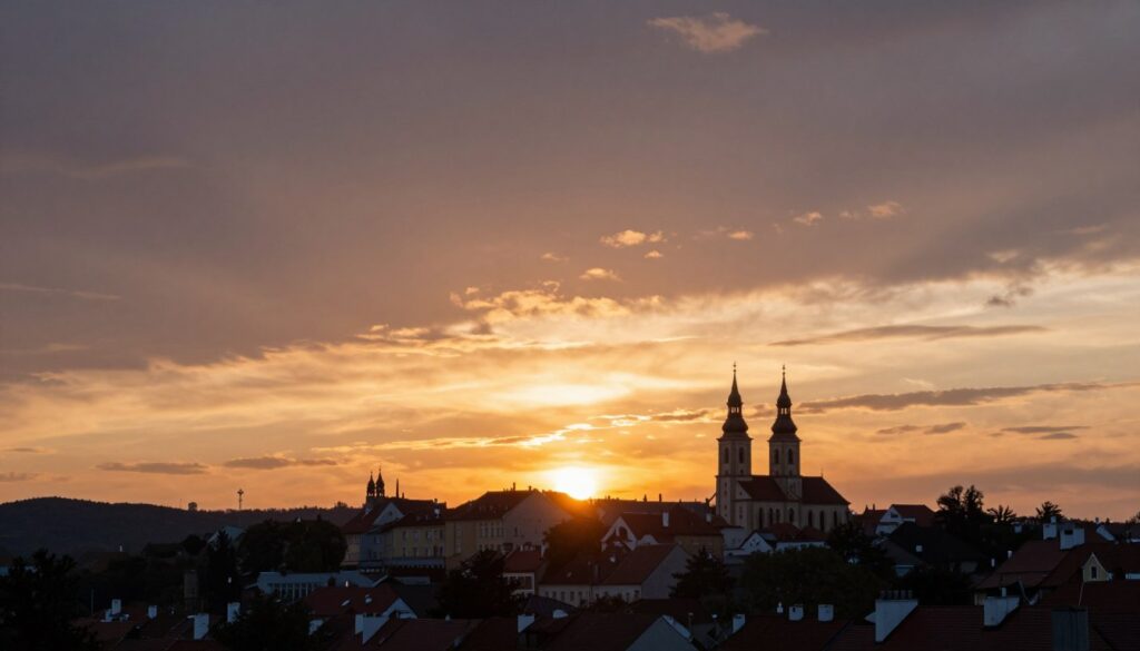 Zachód słońca nad Pińczowem z widokiem na kościoły