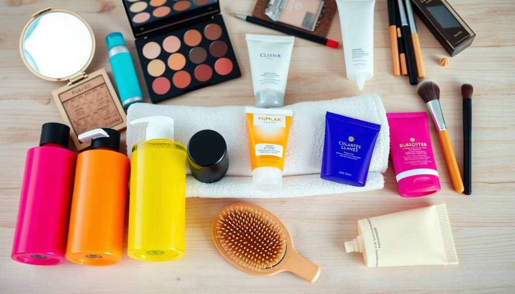 A beautifully organized flat lay of essential cosmetics and toiletries for travel, featuring a vibrant assortment of items. In the foreground, colorful travel-sized shampoo, conditioner, and body wash bottles, alongside a stylish compact mirror and a natural bristle brush. The middle layer includes skincare essentials, such as a moisturizer and sunscreen, elegantly placed on a soft, rolled towel. The background displays neatly arranged makeup tools, including brushes and palettes, set on a minimalist wooden surface. Soft, natural lighting enhances the freshness of the products, creating a warm and inviting atmosphere. The scene is captured from a slightly elevated angle, ensuring clarity and detail while exuding a sense of travel readiness and relaxation, perfect for a vacation getaway.