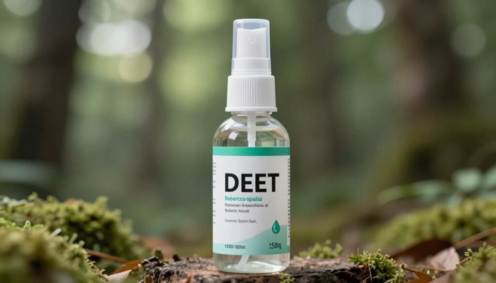 A bottle of insect repellent spray with DEET label, blurred forest background, high-quality pharmaceutical style.