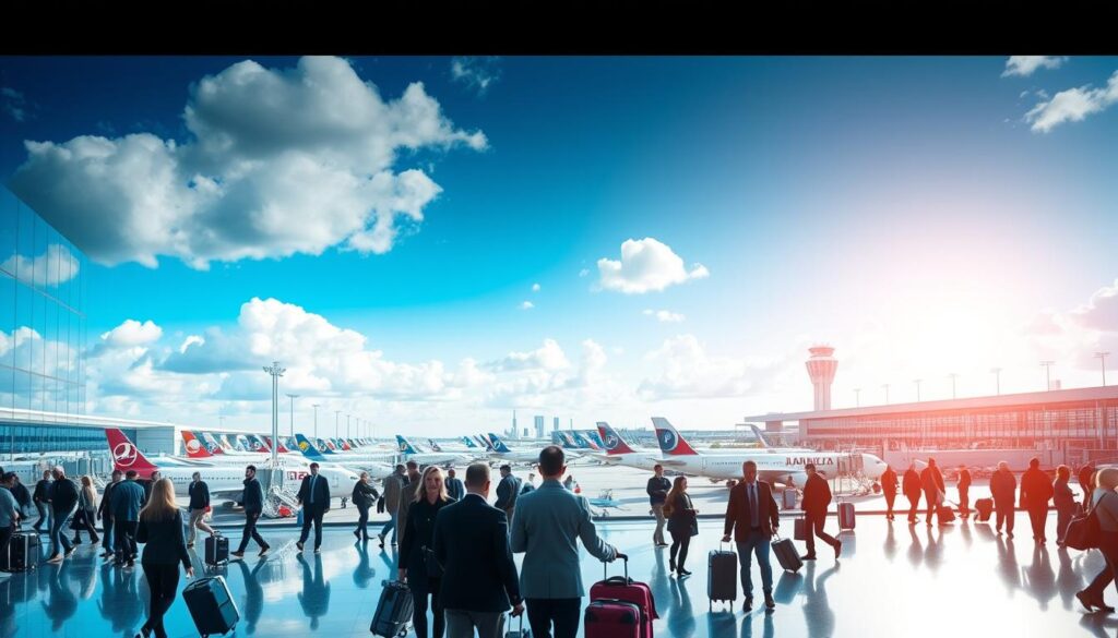 A bustling airport scene in Poland, featuring a modern international terminal. In the foreground, diverse passengers in professional attire and casual clothing are moving with luggage, engaging with check-in desks, and boarding gates. The middle ground showcases numerous airliners with distinctive tail designs, representing various airlines, parked at the terminals. The background reveals a vibrant blue sky contrasted with fluffy white clouds, while airport control towers stand tall against the horizon. Soft natural lighting illuminates the scene, with reflections of sunlight glimmering off the glass facade of the terminal. The overall atmosphere conveys a sense of travel excitement and global connectivity, emphasizing the importance of major airports in Poland.