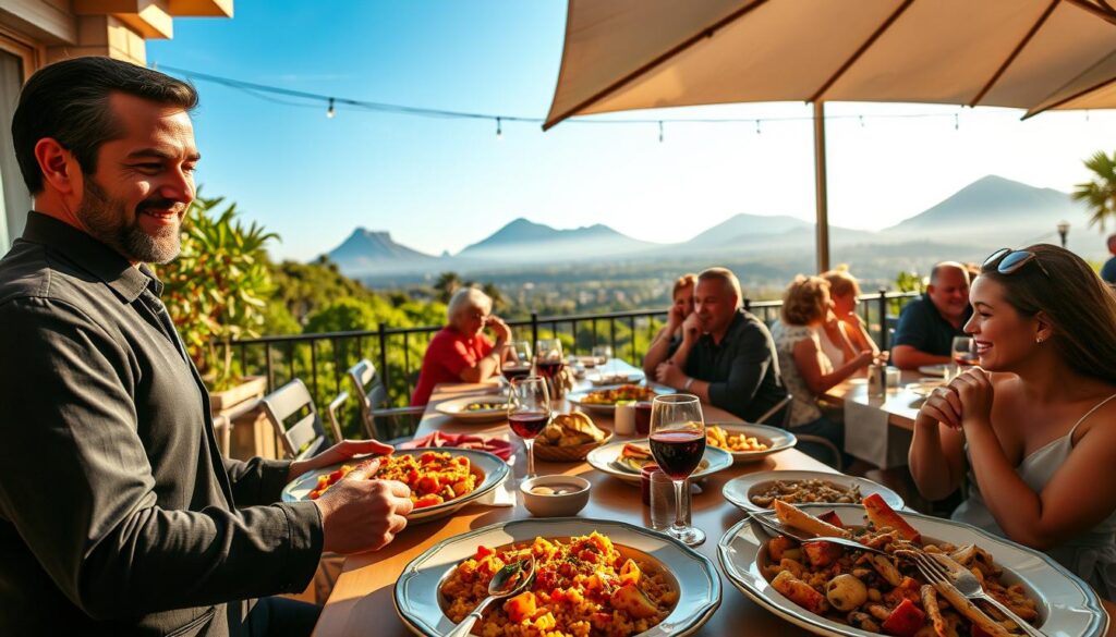 A bustling outdoor restaurant scene on Tenerife, showcasing a variety of beautifully plated dishes typical of local cuisine, such as fresh seafood paella and tapas. In the foreground, a friendly waiter in a smart casual attire serves customers at a sunlit table adorned with traditional Canarian decor. The middle ground features diners enjoying their meals, capturing a mix of locals and tourists, all smiling and engaged in conversation. The background reveals lush greenery and distant volcanic mountains under a vibrant blue sky, hinting at the island's natural beauty. Soft, warm lighting bathes the scene, creating an inviting atmosphere reminiscent of a pleasant Mediterranean evening. The angle is slightly elevated, providing a comprehensive view of the restaurant's lively ambiance.