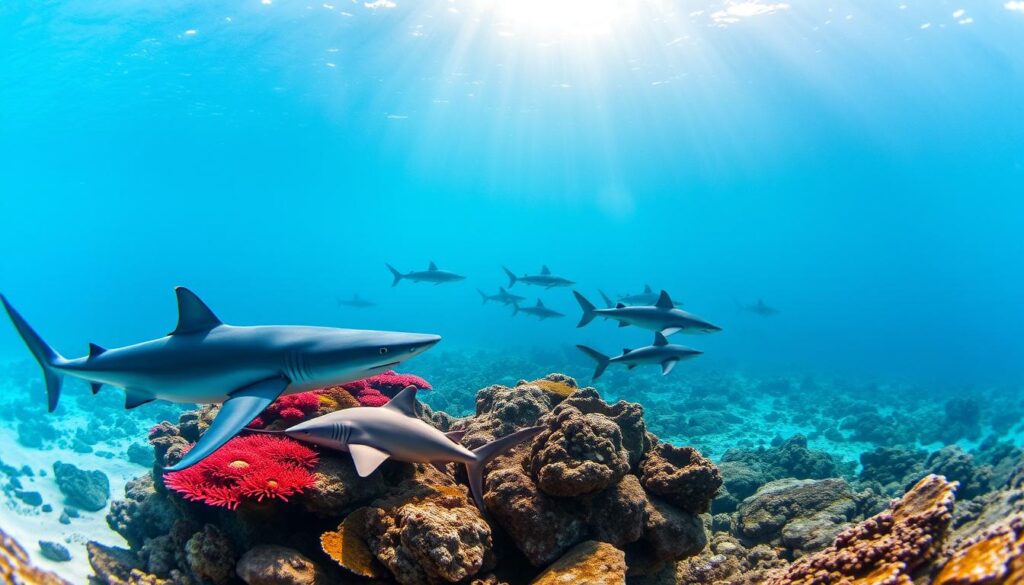 A captivating underwater scene depicting various species of sharks found in the Balearic Sea. In the foreground, showcase a sleek Blue Shark gracefully swimming alongside a gentle Nurse Shark resting near colorful coral structures. In the middle ground, include a group of Hammerhead Sharks swimming together, creating a dynamic sense of movement. The background should feature soft, sun-dappled rays penetrating the clear, azure waters, highlighting the vibrant marine life and the rocky seabed. Use bright, natural lighting to evoke a serene and inviting atmosphere, capturing the beauty and diversity of shark species in this Mediterranean region. The perspective should be slightly below the water surface, emphasizing the calmness of the Balearic Sea environment.