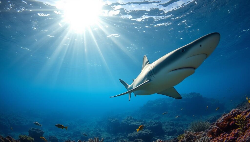 A captivating underwater scene illustrating the fascinating world of sharks in the Mediterranean Sea off the coast of Spain. In the foreground, a majestic shark glides gracefully through crystal-clear water, showcasing its sleek body and distinctive features. Surrounding it, various marine life including colorful fish and coral formations enhances the biodiversity theme. In the middle ground, the sun filters through the surface, creating dappled light patterns that illuminate the scene, evoking a tranquil yet mysterious atmosphere. In the background, hints of a rocky coastline are visible, blurring gently into the soft waves. The composition captures the beauty and intrigue of these creatures, inviting wonder and curiosity while maintaining a serene vibe. The lighting is bright and natural, with a focus on realism, allowing for a vivid representation of these magnificent animals.