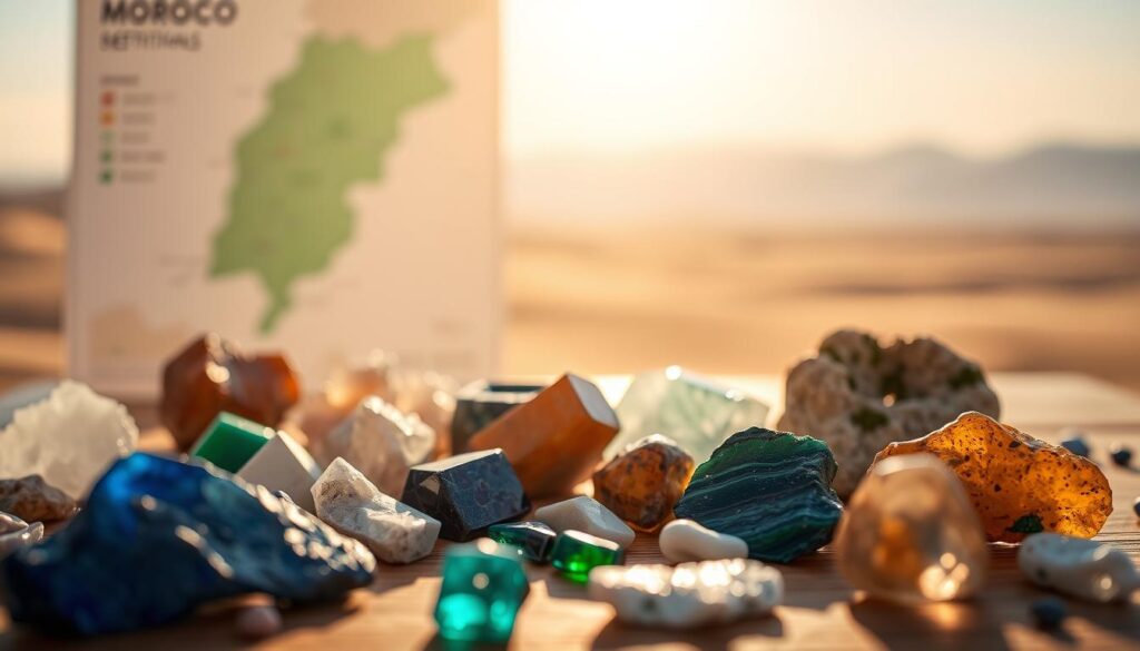 A close-up view of a collection of various minerals and gemstones on a wooden table, emphasizing restrictions on their export. In the foreground, showcase ethically sourced Moroccan minerals like lapis lazuli, quartz, and malachite, glimmering under soft natural light. The middle ground features a gently blurred map of Morocco, highlighting regions rich in minerals, while the background is a subtle hint of Moroccan landscape—a desert with distant mountains, bathed in warm sunset hues. The atmosphere is reflective and respectful, conveying the importance of natural resources and their conservation. Capture this scene with a shallow depth of field, using a 50mm lens to create a dreamy effect, ensuring no text or branding is visible.