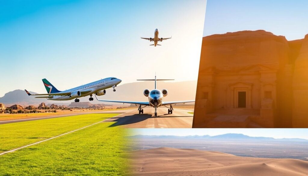A collage-style image depicting various types of flights to Jordan. In the foreground, a sleek commercial airplane takes off from a lush green airport runway, representing scheduled flights. In the middle ground, a charter jet is parked on the tarmac under clear blue skies, showcasing private travel options. A distant silhouette of a plane in mid-air indicates flights with layovers. The background features iconic Jordanian landscapes, like the Petra ruins and the Dead Sea. Soft sunlight illuminates the scene, contributing to a warm and inviting atmosphere. The overall mood is optimistic and adventurous, capturing the spirit of travel to Jordan. The composition uses a subtle depth of field, allowing the reader's focus to shift naturally among the planes while appreciating the stunning surroundings.