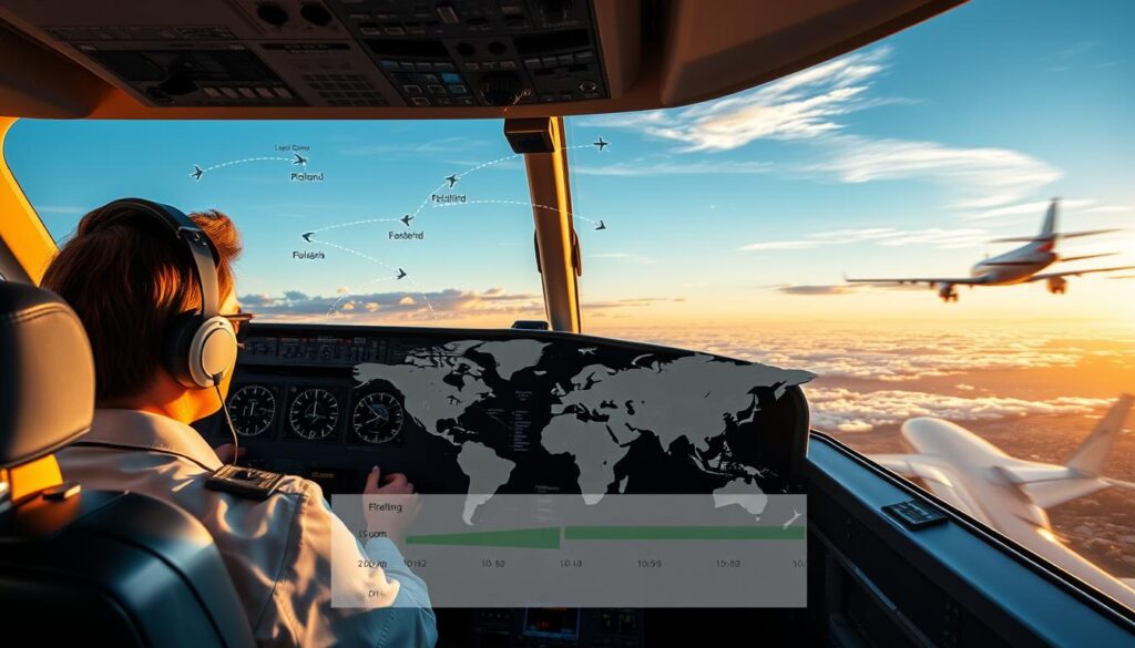 A conceptual illustration depicting the various factors influencing flight duration from Poland to Sicily. In the foreground, a detailed airplane cockpit showcasing flight instruments and a pilot in professional attire, focused on the controls. In the middle, a digital overlay of world maps highlighting flight paths, waypoints, and time zones, emphasizing the journey. The background features a serene sky transitioning from day to dusk, with soft clouds and a distant glimpse of the Sicilian coastline. The scene is illuminated by warm, natural sunlight, casting gentle shadows. The mood is informative yet inviting, capturing the essence of travel and planning. Aim for a high-resolution image with a clear focal point and balanced composition.