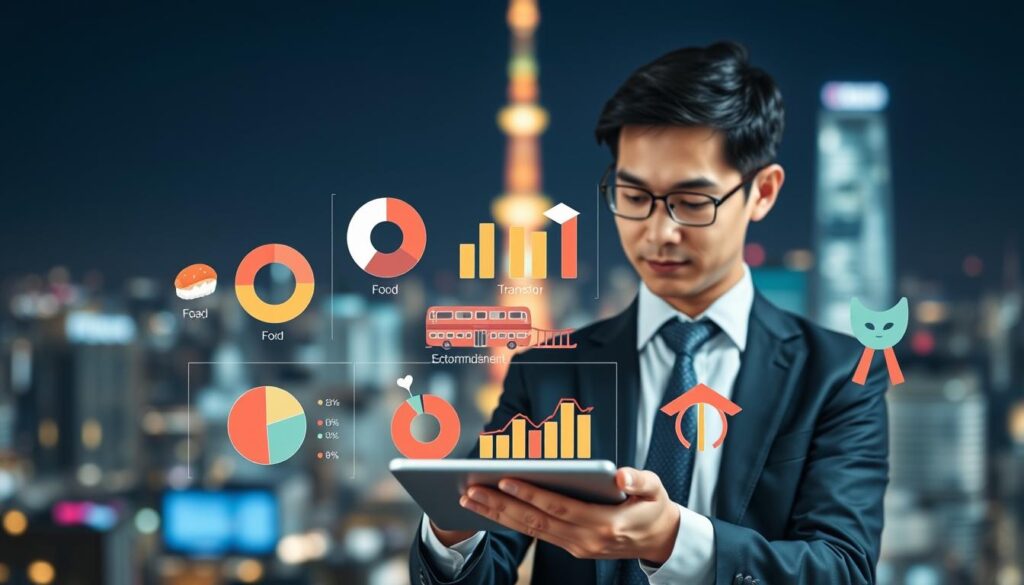 A creative and informative illustration of key expenditure categories in Japan. In the foreground, display a professional business person in smart attire, analyzing pie charts and graphs on a digital tablet. In the middle ground, depict various expense categories such as food, transportation, accommodation, and entertainment as visually distinct infographics, each represented by iconic symbols like sushi, a train, a traditional Japanese inn, and a theater mask. The background should feature a blurred Tokyo skyline, with soft glowing city lights to create a dynamic atmosphere of urban life and financial activity. Use a subtle, soft lighting effect to evoke a sense of clarity and insight, with a slightly elevated perspective to capture all elements harmoniously. The overall mood should be analytical and engaging, encouraging viewers to explore the expenditures in Japan.