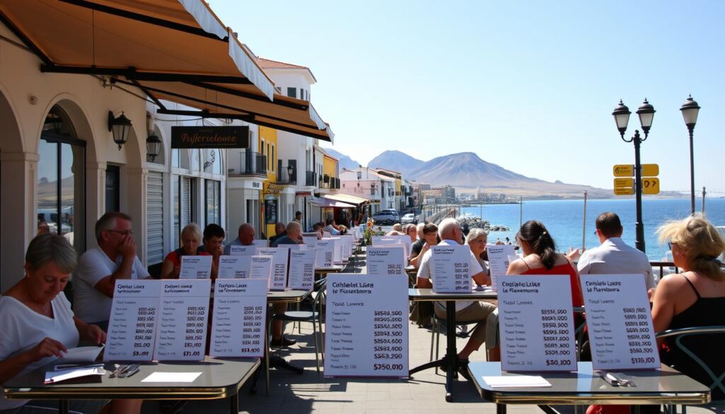 A detailed comparison of accommodation and transportation prices in the Canary Islands, featuring Tenerife and Fuerteventura. In the foreground, display an outdoor café scene with patrons enjoying their meals, depicted in modest casual clothing, surrounded by tables showcasing price lists of typical accommodations and transport options. The middle ground should include a mix of traditional and modern buildings representative of both islands, with clear signage in a European style. In the background, illustrate the stunning natural landscape of the Canary Islands with volcanic mountains and the ocean. Use bright, natural lighting to create a vibrant atmosphere, capturing the warm, inviting essence of the islands. The angle should be slightly elevated to provide a comprehensive view of the scene, emphasizing the vibrant lifestyle and dynamic pricing comparison on display.