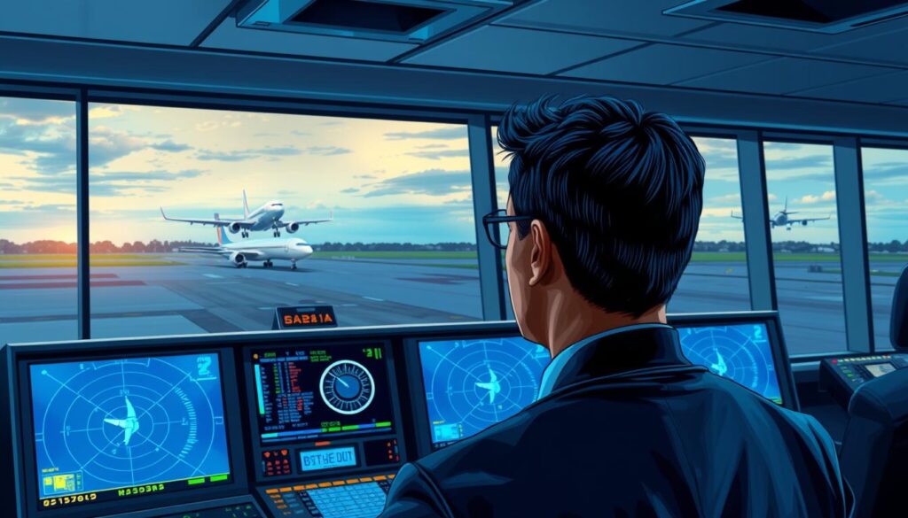A detailed digital illustration depicting an advanced aircraft radar system in action, showcasing the radar screen with bright, pulsing indicators tracking an airplane's descent. In the foreground, a professional air traffic controller wearing a business attire observes the radar display intently, with a focused expression. The middle ground features a high-tech radar console equipped with multiple screens and controls, glowing blue and green from the interface. In the background, a large window reveals a view of an airport runway and an aircraft landing. The scene is illuminated by soft overhead lighting, creating a tense yet professional atmosphere, emphasizing the precision of radar technology in aviation monitoring. The composition captures the essence of radar analysis in aviation, reflecting clarity and diligence.