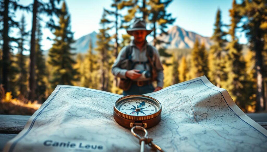 A detailed illustration showcasing classic navigation methods using a map and compass. In the foreground, a vintage compass resting open on a topographic map, the intricate markings of the map clearly visible, including contour lines and landmarks. In the middle ground, an explorer dressed in modest outdoor attire, intently studying the map for directions, surrounded by a lush forest backdrop with tall trees and dappled sunlight filtering through the leaves. In the background, a majestic mountain range rises against a clear blue sky, hinting at the journey ahead. The image should convey a sense of adventure and exploration, with warm natural lighting enhancing the earthy tones of the landscape. Use a slight upward angle to create depth, inviting the viewer into the scene.