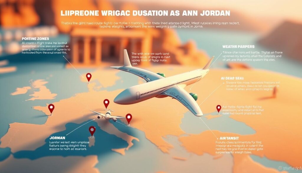 A detailed infographic-style illustration depicting factors influencing flight duration from Poland to Jordan. In the foreground, show a stylized airplane navigating a map with key markers for flight routes. Include elements representing time zones, weather patterns, and air traffic signals, subtly blending into the middle ground. The background features softly blurred landmarks like the Dead Sea and Petra silhouette, symbolizing Jordan. Use a high-contrast color palette with warm tones to create a welcoming atmosphere, while cool blues signify the sky. Lighting should mimic daylight, highlighting the airplane in mid-flight, captured from a slightly low angle to emphasize altitude. Overall, this image should convey clarity and information, inviting readers to explore the complexities of flight duration without text or distractions.