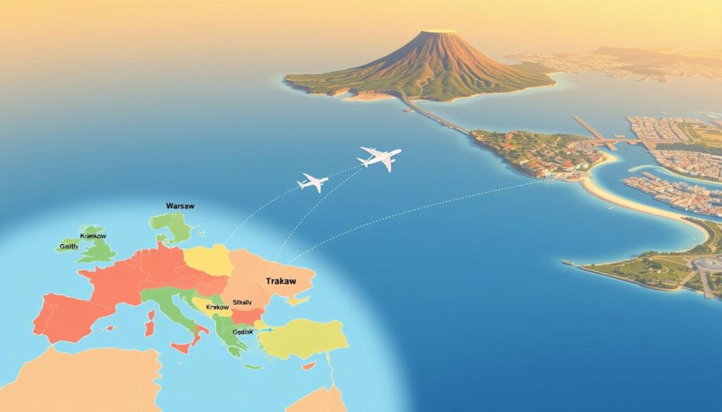A detailed infographic-style illustration depicting the differences in flight times from various Polish cities to Sicily. In the foreground, include stylized representations of major Polish cities such as Warsaw, Kraków, and Gdańsk, shown on a colorful map. Each city should have a dotted line connecting it to the island of Sicily, with varying line lengths representing flight durations. In the middle ground, add subtle icons of airplanes taking off from each city. The background should feature a scenic depiction of Sicily, showcasing its iconic landmarks like Mount Etna and coastal views. Use warm lighting to create a welcoming, travel-oriented atmosphere, and opt for a clear, aerial perspective to enhance understanding. The overall mood should be informative yet exciting, inviting readers to explore the journey.