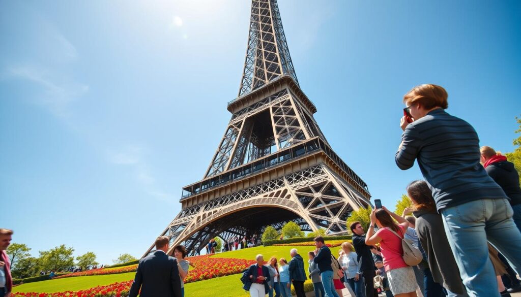 A detailed view of the Eiffel Tower in Paris, showcasing its intricate iron lattice structure. In the foreground, a diverse group of tourists, dressed in smart casual clothing, are admiring the tower and taking pictures, capturing a sense of excitement and curiosity. The middle ground features a beautifully landscaped garden with vibrant flowers and green lawns, leading up to the iconic structure. In the background, a clear blue sky adds a calming atmosphere, with soft sunlight illuminating the scene. The angle is slightly low, emphasizing the grandeur of the Eiffel Tower, while creating a dynamic perspective that draws the viewer's eye upward. The overall mood is lively, inviting, and reassuring, perfect for an informative context.