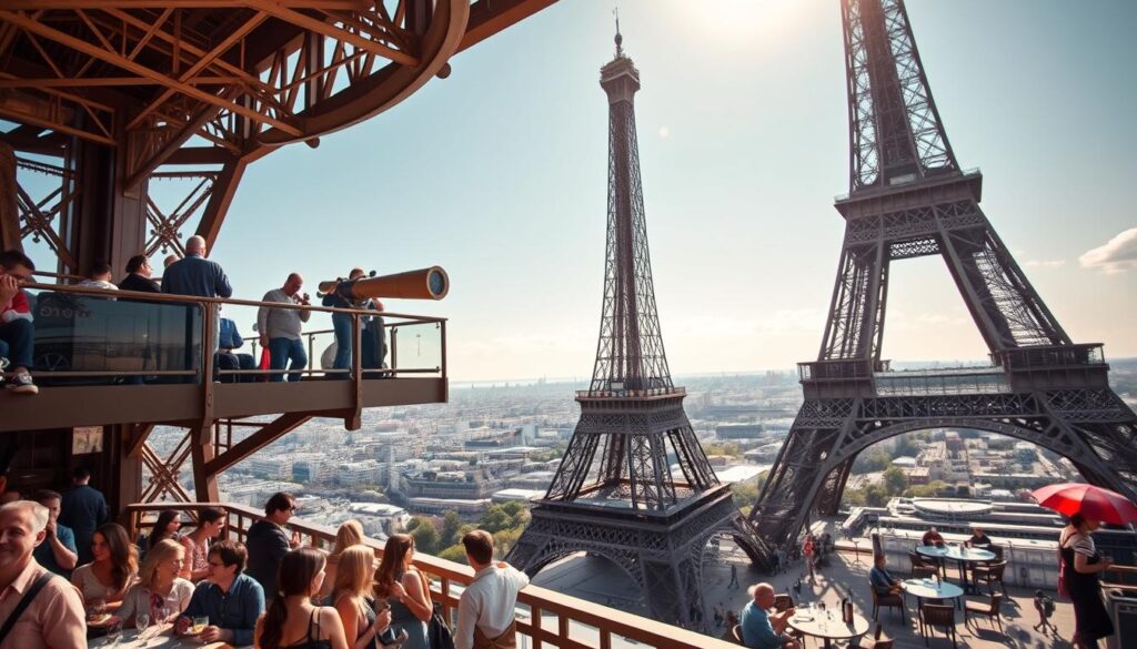A detailed view of the Eiffel Tower's various levels, showcasing attractions and amenities on each floor. In the foreground, display lively visitors happily engaging in activities, such as dining in a restaurant and observing panoramic city views. In the middle ground, illustrate the different attractions: an observation deck with telescopes, informative displays about the tower's history, and a vibrant café area with patrons. In the background, the iconic Paris skyline under a bright blue sky, capturing the essence of a sunny day. Soft, natural lighting emphasizes the warm atmosphere, with hints of sunlight glinting off the iron lattice structure. The angle is slightly elevated, providing a comprehensive view of the tower's levels. The scene is cheerful and inviting, reflecting the excitement of visitors exploring the Eiffel Tower.