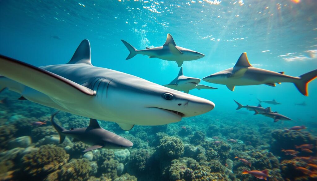 A diverse array of shark species found in Spain's Mediterranean waters, showcasing various types such as the blue shark, hammerhead shark, and nurse shark. In the foreground, a detailed close-up of a blue shark gliding gracefully through crystal-clear water, highlighting its sleek body and captivating colors. In the middle ground, a couple of hammerhead sharks swim together, their distinctive heads contrasting with the shimmering sunlight filtering through the waves. The background depicts a vibrant underwater landscape filled with colorful corals and schools of small fish, creating a lively, dynamic atmosphere. The lighting is bright and warm, simulating a sunny day underwater, enhancing the natural beauty and biodiversity of the scene. The perspective is slightly from below, giving a majestic view of the sharks in their natural habitat, evoking a sense of wonder and ecological richness.