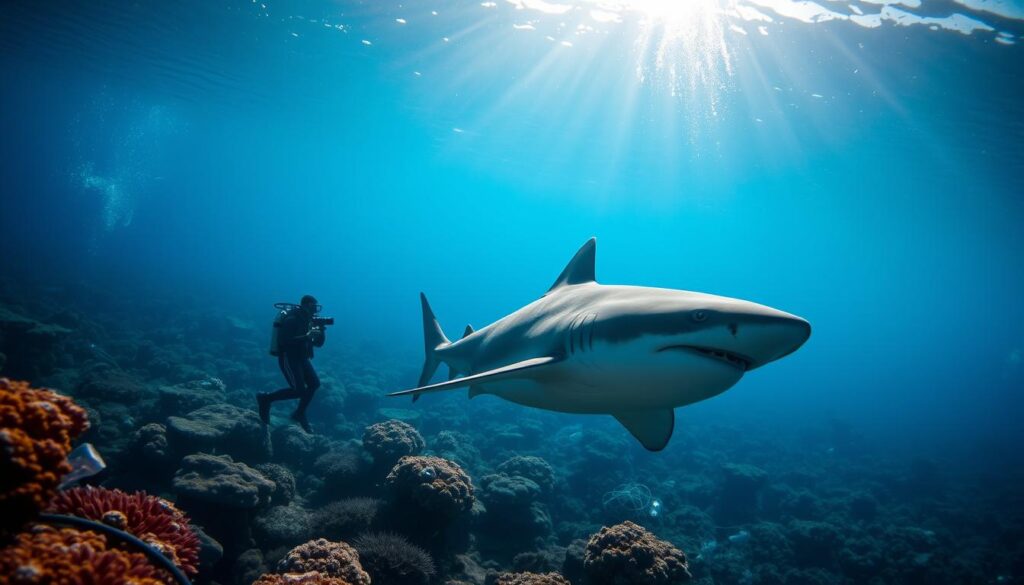 A dramatic underwater scene illustrating the human impact on shark populations. In the foreground, a majestic shark swims gracefully through clear blue water, surrounded by colorful coral reefs. In the middle ground, a diver in professional scuba gear observes the environment, holding a camera to document the underwater ecosystem. In the background, subtle signs of human interference, such as discarded fishing nets and plastic waste, are depicted, casting a somber mood over the scene. Sunlight filters down from the surface, creating dappled patterns on the ocean floor, highlighting both the beauty and fragility of marine life. The overall atmosphere is one of awe and urgency, emphasizing the delicate balance between human activity and marine conservation.
