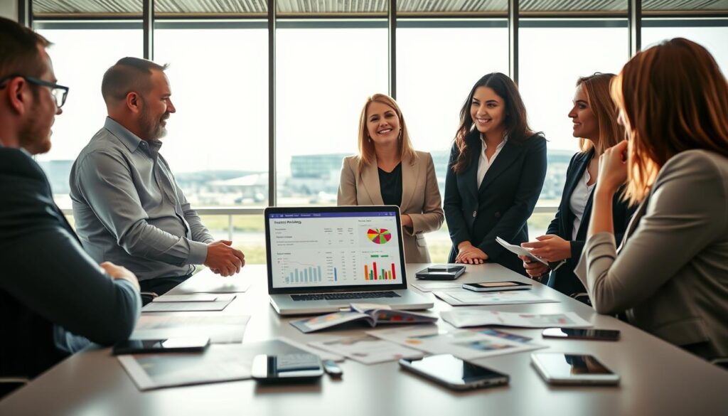 A modern, professional forum discussion scene focused on parking at Berlin Brandenburg Airport (BER). In the foreground, a diverse group of three people, one male and two females, are engaged in conversation, dressed in professional business attire. They are gathered around a sleek laptop displaying a parking comparison website, showcasing detailed charts and graphs. In the middle ground, a stylish conference table is strewn with parking flyers, maps, and smartphones. The background features a large window revealing a bright, sunny day outside, with the silhouette of the airport terminal in the distance. Soft, natural lighting illuminates the space, enhancing the collaborative and informative atmosphere, while a subtle depth of field focuses on the group and their discussion.