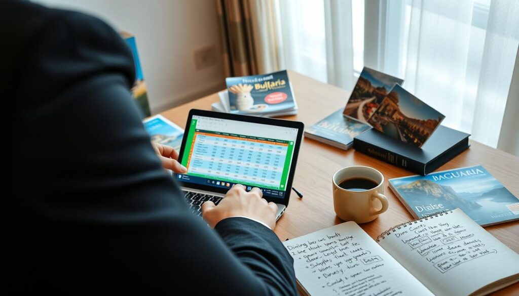 A modern workspace featuring a laptop open to a colorful budget spreadsheet, surrounded by travel brochures of Bulgaria, a calculator, and a cup of coffee. In the foreground, a person wearing professional business attire is focused on planning their vacation budget. The middle ground displays a neatly organized desk with a notepad filled with notes about dining costs in Bulgaria, highlighting prices and essential tips. The background includes a cozy home office setting with soft, natural lighting coming from a window, creating a warm and inviting atmosphere. The overall mood is one of preparation and excitement for travel, capturing the essence of effective vacation budget planning.