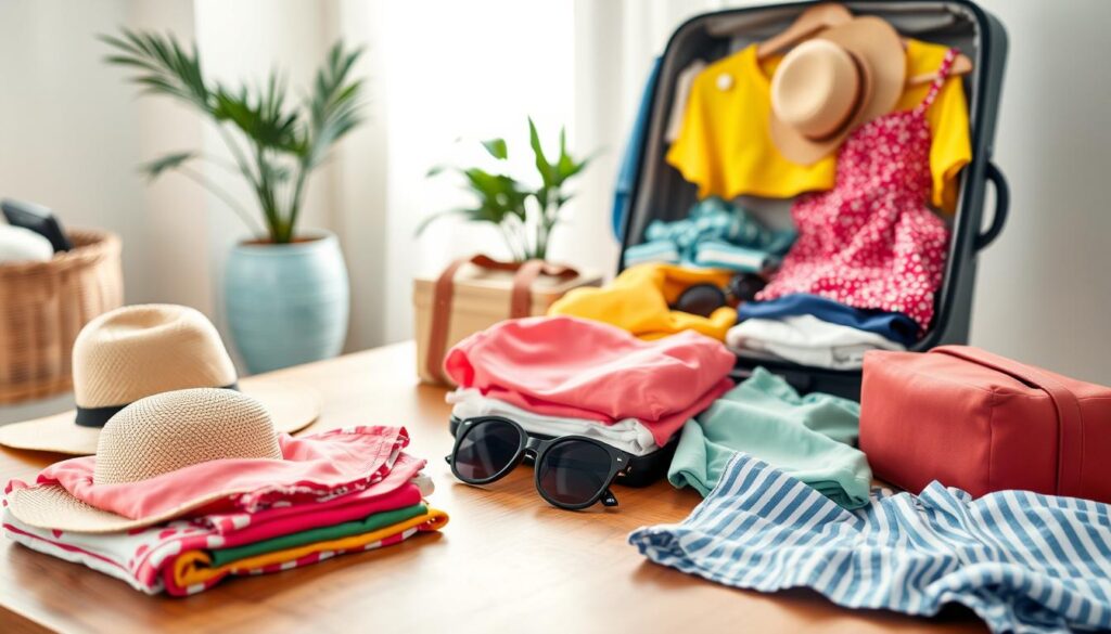 A neatly organized scene of packing clothes for a vacation, focusing on vibrant clothing items like summer dresses, shorts, and lightweight shirts. In the foreground, a well-lit wooden table displays neatly folded clothes and accessories like a sun hat, sunglasses, and a travel toiletry bag. In the middle background, an open suitcase reveals colorful outfits carefully arranged, emphasizing organization and travel readiness. A potted plant adds a touch of freshness, suggesting a relaxed atmosphere. Soft, natural lighting enhances the cheerful mood, while a lens angle captures the scene from a slightly elevated perspective, drawing attention to the details of the packing process. The setting evokes a sense of excitement and anticipation for travel.
