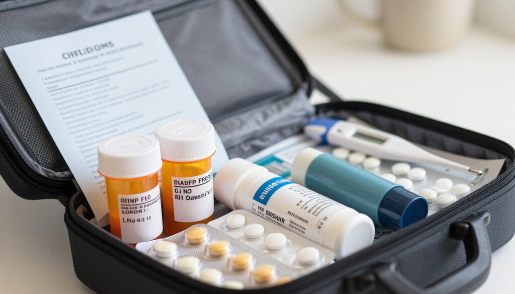 A neatly organized travel first aid kit displayed on a white background. In the foreground, prominently feature prescription medications in their original containers, with visible labels and dosage information, including pills, ointments, and inhalers. In the middle ground, include a small medical information booklet and a compact thermometer. The background should be softly blurred to create focus on the contents of the kit. Utilize soft, natural lighting to enhance the colors and textures of the items, conveying a mood of preparedness and safety. The overall atmosphere should feel informative and reassuring, suitable for travelers needing to manage chronic illnesses while abroad.