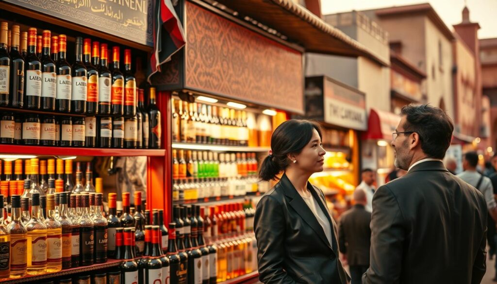 A panoramic view of a Moroccan marketplace showcasing vibrant stalls filled with various alcoholic beverages, including traditional Moroccan wine bottles and locally brewed beers. In the foreground, a couple of elegantly dressed individuals in professional attire engage in a friendly discussion, emphasizing the social aspect of alcohol consumption. The middle ground features a stall adorned with intricate patterns and rich colors, emphasizing Moroccan culture, while the background includes traditional Moroccan architecture, with warm sunset lighting casting a golden hue over the scene. The atmosphere is lively yet respectful, reflecting the unique regulations surrounding alcohol in Morocco, inviting viewers to explore this intriguing aspect of Moroccan society.