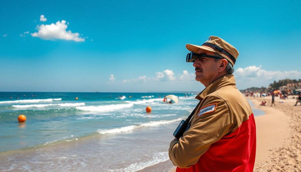 A picturesque scene of a Mediterranean beach in Spain, illustrating safety monitoring at the shore. In the foreground, a lifeguard in professional attire watches over the waters, equipped with binoculars and a radio, exhibiting a vigilant and focused expression. The middle ground showcases families and beachgoers enjoying the sun at a safe distance from a designated swimming area, marked by colorful buoys. In the background, gentle waves roll towards the sandy shoreline under a bright blue sky, with a few fluffy white clouds enhancing the serene atmosphere. The scene is bathed in warm sunlight, capturing a tranquil yet secure environment, perfect for families enjoying a day at the beach. The angle is slightly elevated, providing a broad view of the beach while emphasizing the importance of safety measures.